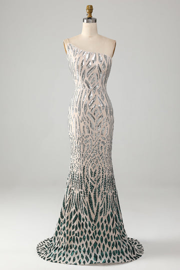 Sparkly Mermaid One Shoulder Dark Green Sequins Long Ball Dress
